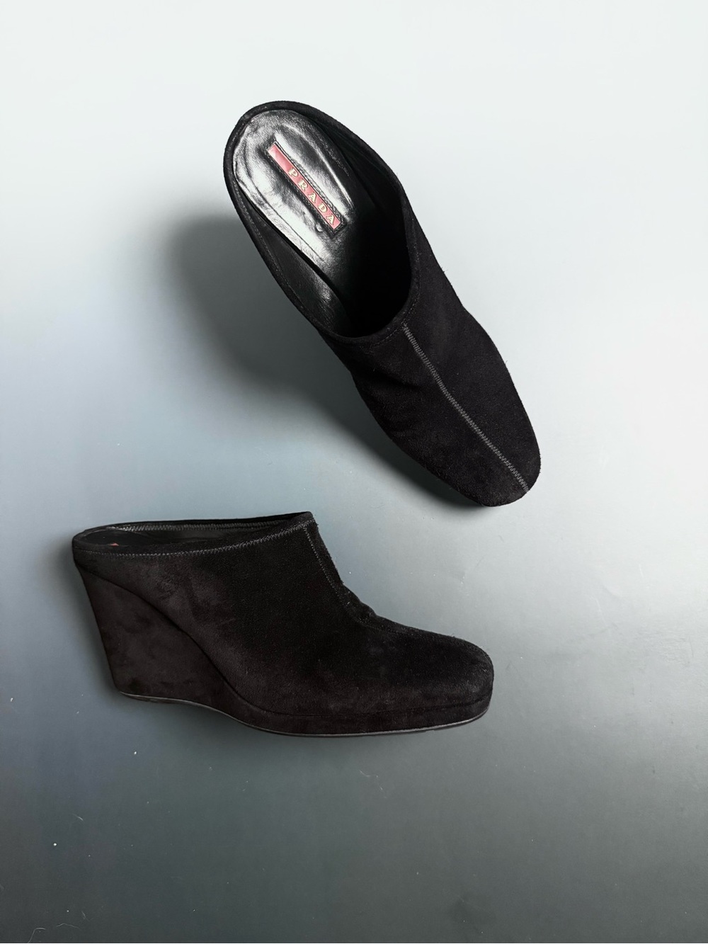 Prada Black Suede Heel Mules Size 8 / 38